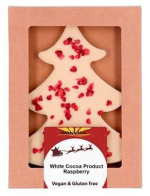 Hand Made Organic White Ricemilk Choc Xmas Tree with Raspberry Decoration 85g (cold)